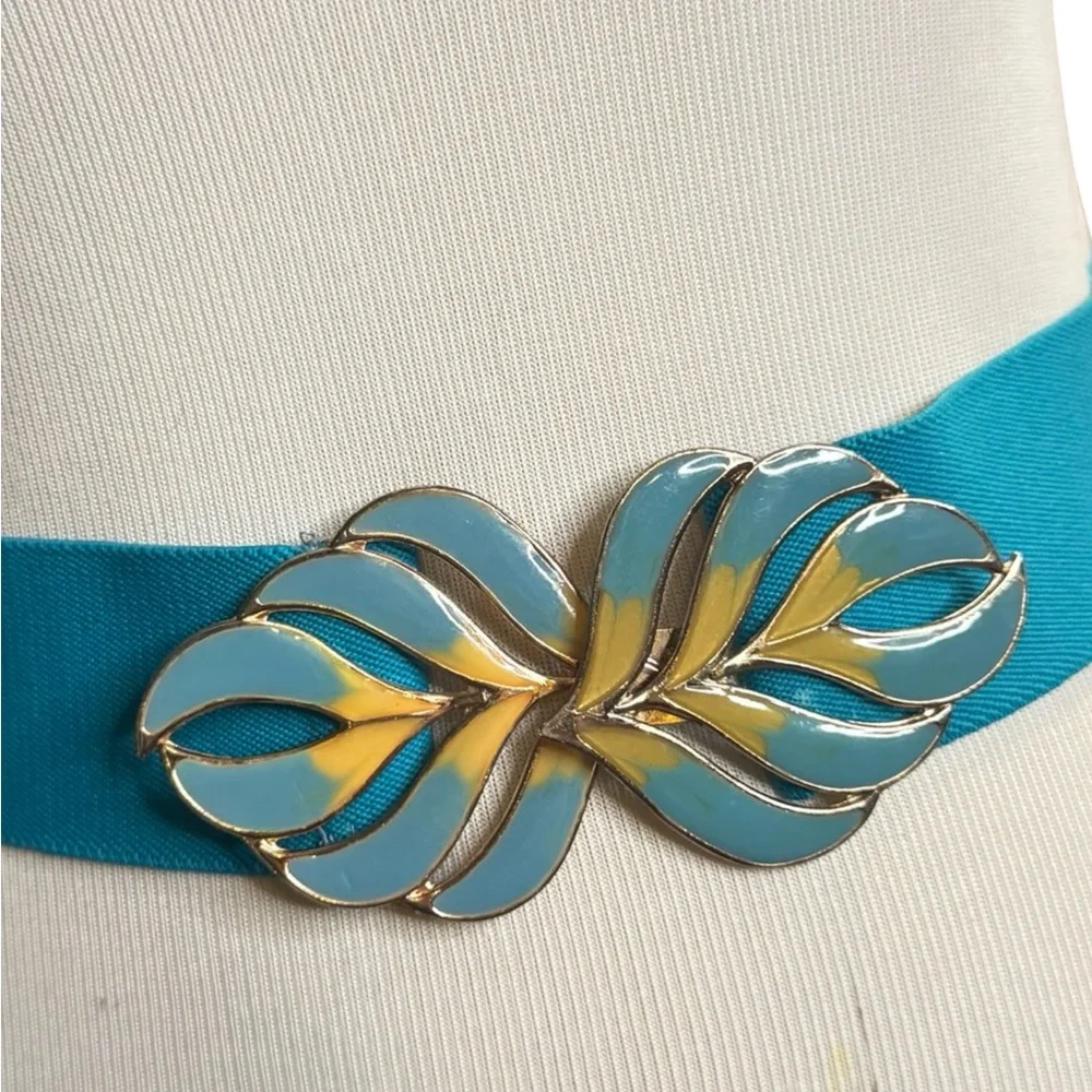1980's Stretch Belt Blue with Enamel Leaf Flame Buckle Adjustable Size